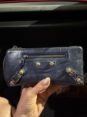 Balenciaga Navy Blue Leather Zip Wallet with Gold Hardware